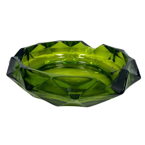 Vintage Viking Glass Cigar Ashtray MCM 8.5" Green Diamond Faceted Diamond Cut - Picture 2 of 8